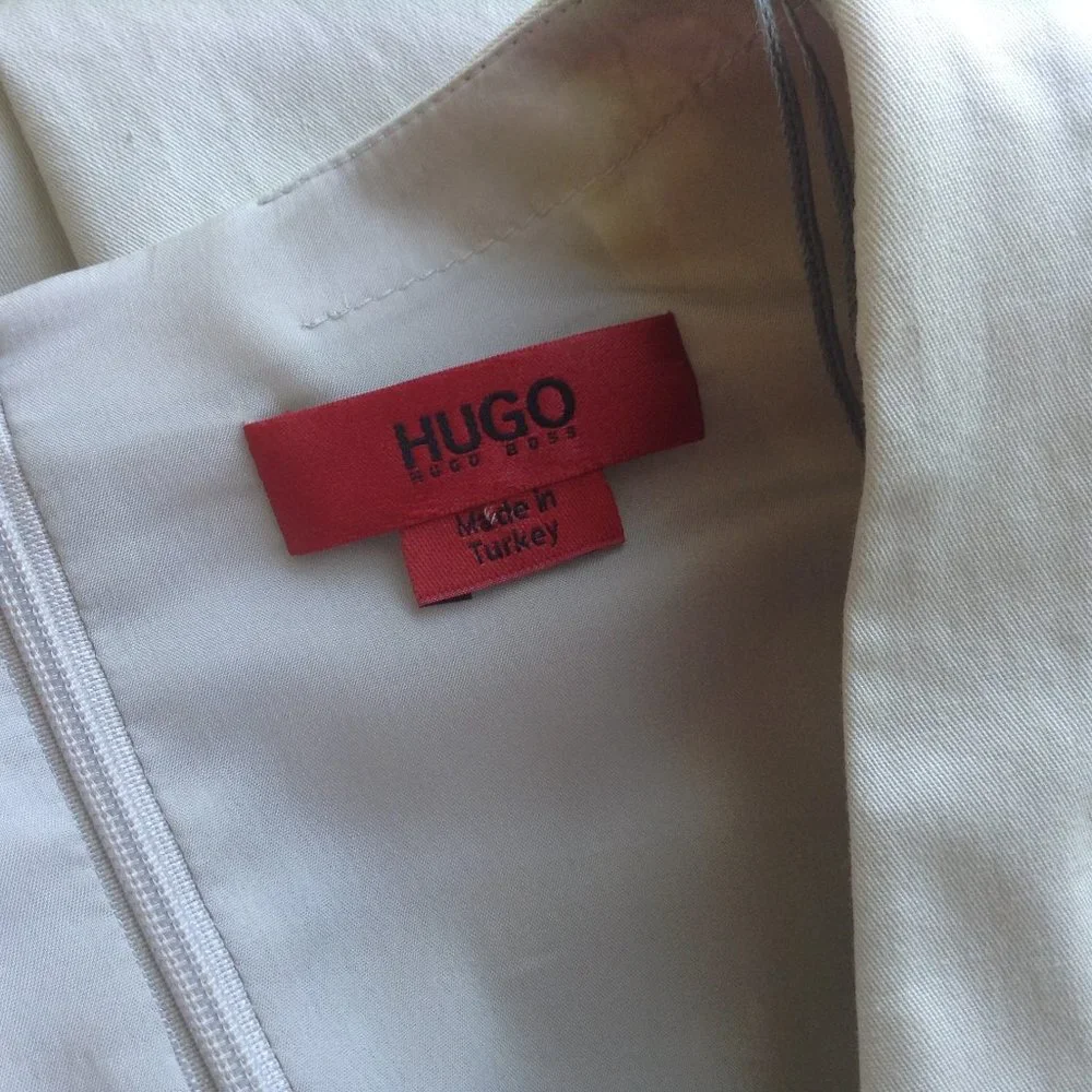 Vintage 2000s Hugo Boss Karna Deep V-Neck Sheath Dress US 8 Beige Officecore Y2K